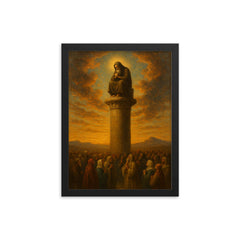 Simeon Stylites atop pillar above pilgrims framed print on a plain backdrop in size 12"x16".