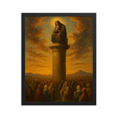 Simeon Stylites atop pillar above pilgrims framed print on a plain backdrop in size 16"x20".