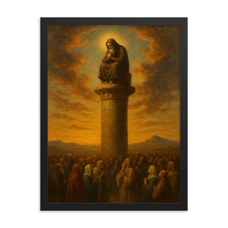 Simeon Stylites atop pillar above pilgrims framed print on a plain backdrop in size 18