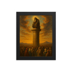 Simeon Stylites atop pillar above pilgrims framed print on a plain backdrop in size 8"x10".