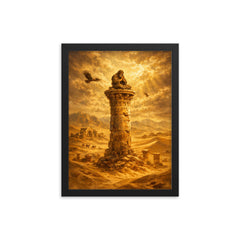 Simeon Stylites atop pillar in desert gold framed print on a plain backdrop in size 12"x16".