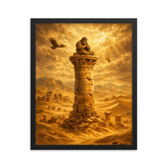 Simeon Stylites atop pillar in desert gold framed print on a plain backdrop in size 16"x20".