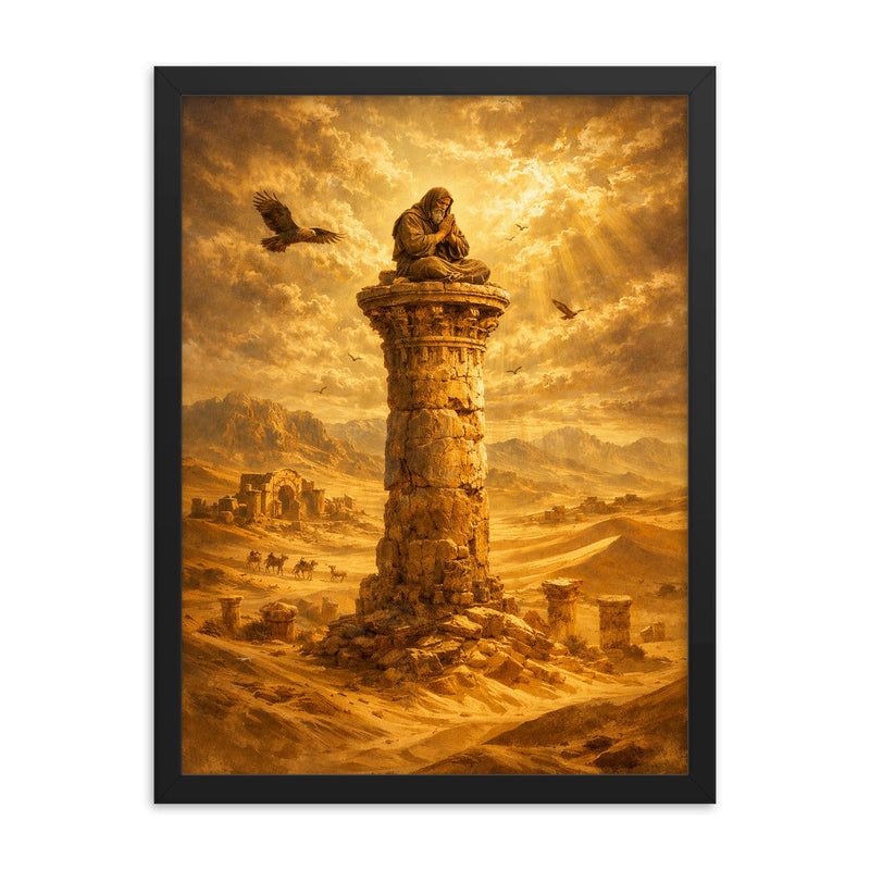 Simeon Stylites atop pillar in desert gold framed print on a plain backdrop in size 18