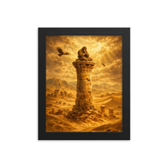 Simeon Stylites atop pillar in desert gold framed print on a plain backdrop in size 8"x10".