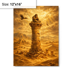 Simeon Stylites atop pillar in desert gold metal print on a plain backdrop in size 12"x16".