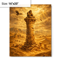 Simeon Stylites atop pillar in desert gold metal print on a plain backdrop in size 16"x20".