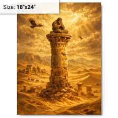 Simeon Stylites atop pillar in desert gold metal print on a plain backdrop in size 18"x24".