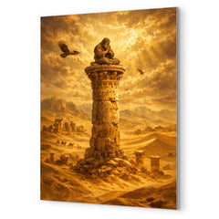 Simeon Stylites atop pillar in desert gold metal print mockup