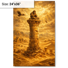 Simeon Stylites atop pillar in desert gold metal print on a plain backdrop in size 24"x36".