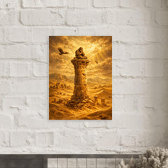 Simeon Stylites atop pillar in desert gold metal print mockup