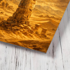Simeon Stylites atop pillar in desert gold metal print mockup