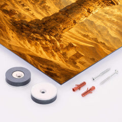 Simeon Stylites atop pillar in desert gold metal print mockup