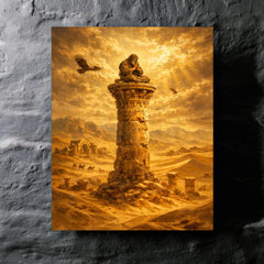Simeon Stylites atop pillar in desert gold metal print mockup