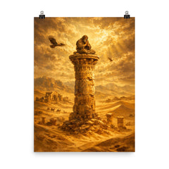 Simeon Stylites atop pillar in desert gold poster on a plain backdrop in size 8"x10".
