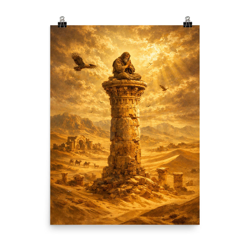 Simeon Stylites atop pillar in desert gold poster on a plain backdrop in size 8