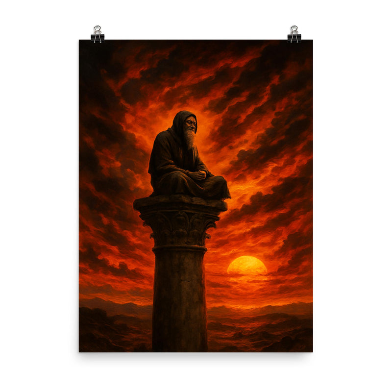 Simeon Stylites atop pillar under apocalyptic sunset poster on a plain backdrop in size 8