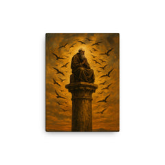 Simeon Stylites atop pillar under circling birds canvas print on a plain backdrop in size 12"x16".