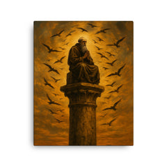 Simeon Stylites atop pillar under circling birds canvas print on a plain backdrop in size 16"x20".