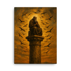 Simeon Stylites atop pillar under circling birds canvas print on a plain backdrop in size 18"x24".
