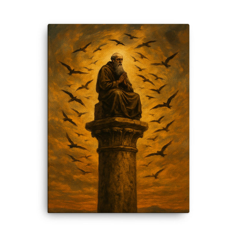 Simeon Stylites atop pillar under circling birds canvas print on a plain backdrop in size 18