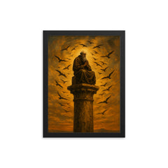 Simeon Stylites atop pillar under circling birds framed print on a plain backdrop in size 12"x16".