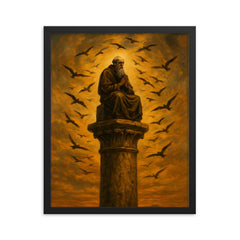 Simeon Stylites atop pillar under circling birds framed print on a plain backdrop in size 16"x20".