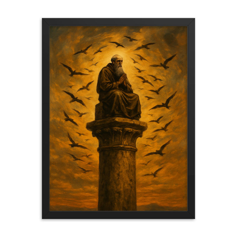 Simeon Stylites atop pillar under circling birds framed print on a plain backdrop in size 18