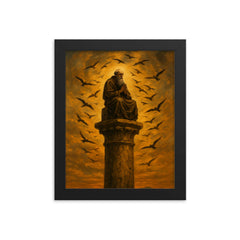 Simeon Stylites atop pillar under circling birds framed print on a plain backdrop in size 8"x10".