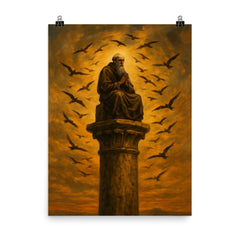 Simeon Stylites atop pillar under circling birds poster on a plain backdrop in size 8"x10".