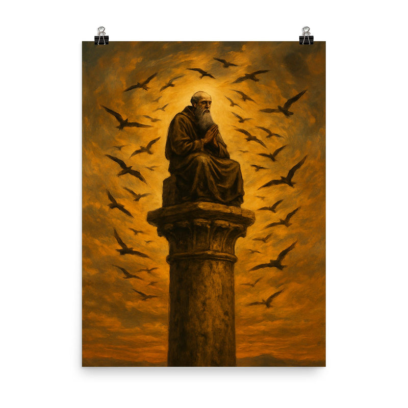 Simeon Stylites atop pillar under circling birds poster on a plain backdrop in size 8
