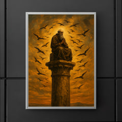 Simeon Stylites atop pillar under circling birds poster 5
