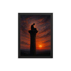 Simeon Stylites atop the pillar at dusk framed print on a plain backdrop in size 12"x16".
