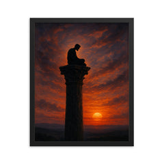 Simeon Stylites atop the pillar at dusk framed print on a plain backdrop in size 16"x20".