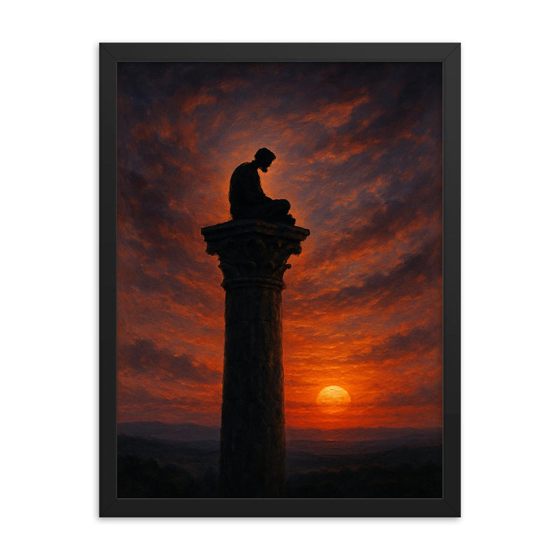 Simeon Stylites atop the pillar at dusk framed print on a plain backdrop in size 18