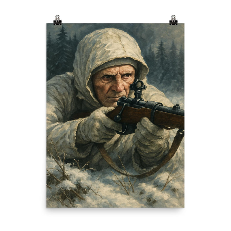 Simo Häyhä in snow camouflage with iron sight poster on a plain backdrop in size 8