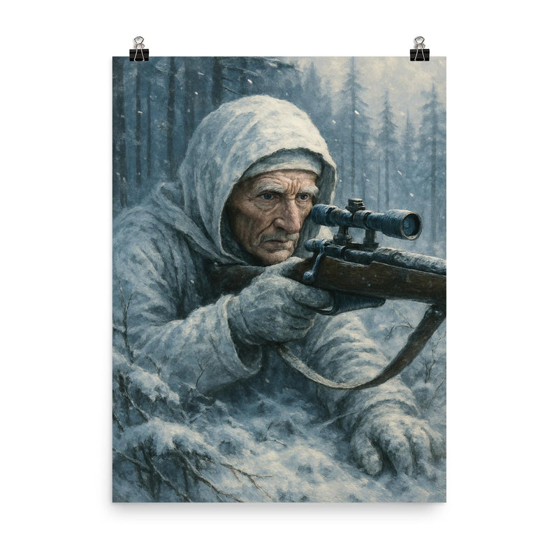 Simo Häyhä in white camouflage frozen stillness poster on a plain backdrop in size 8