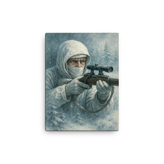 Simo Häyhä in white camouflage silence canvas print on a plain backdrop in size 12"x16".