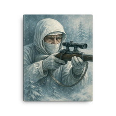 Simo Häyhä in white camouflage silence canvas print on a plain backdrop in size 16"x20".