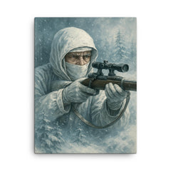 Simo Häyhä in white camouflage silence canvas print on a plain backdrop in size 18"x24".