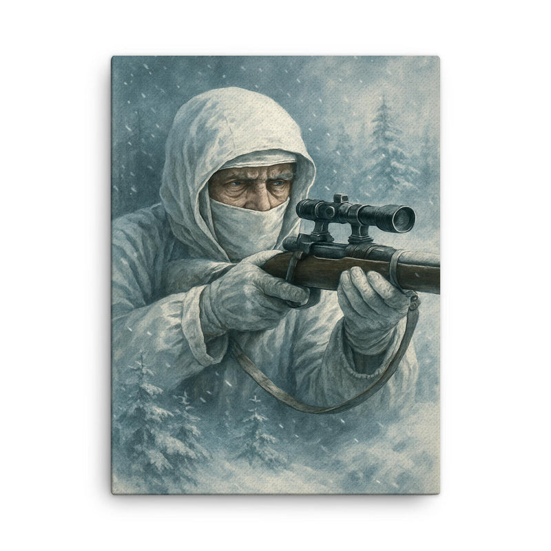 Simo Häyhä in white camouflage silence canvas print on a plain backdrop in size 18