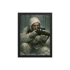 Simo Häyhä in white camouflage silence framed print on a plain backdrop in size 12"x16".
