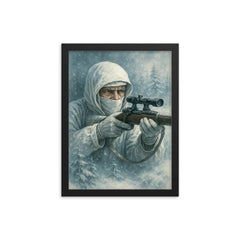 Simo Häyhä in white camouflage silence framed print on a plain backdrop in size 12"x16".