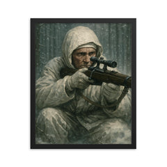 Simo Häyhä in white camouflage silence framed print on a plain backdrop in size 16"x20".