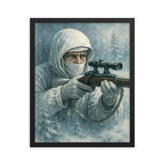 Simo Häyhä in white camouflage silence framed print on a plain backdrop in size 16"x20".