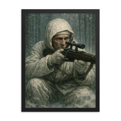 Simo Häyhä in white camouflage silence framed print on a plain backdrop in size 18"x24".