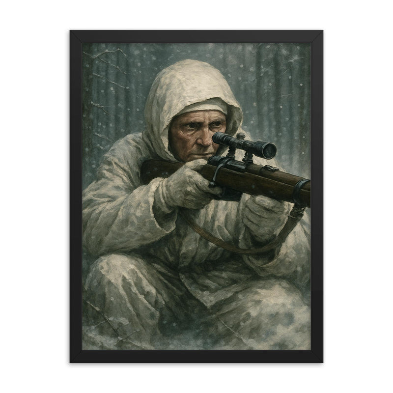 Simo Häyhä in white camouflage silence framed print on a plain backdrop in size 18