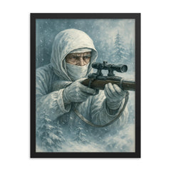 Simo Häyhä in white camouflage silence framed print on a plain backdrop in size 18"x24".