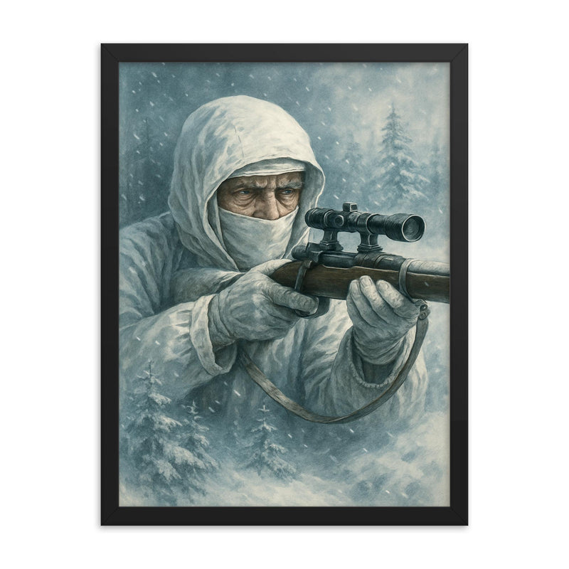 Simo Häyhä in white camouflage silence framed print on a plain backdrop in size 18
