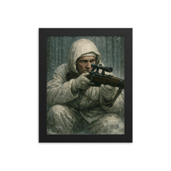 Simo Häyhä in white camouflage silence framed print on a plain backdrop in size 8"x10".