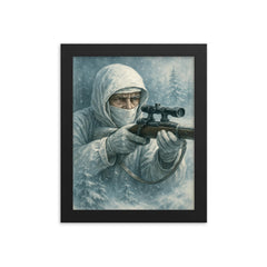 Simo Häyhä in white camouflage silence framed print on a plain backdrop in size 8"x10".